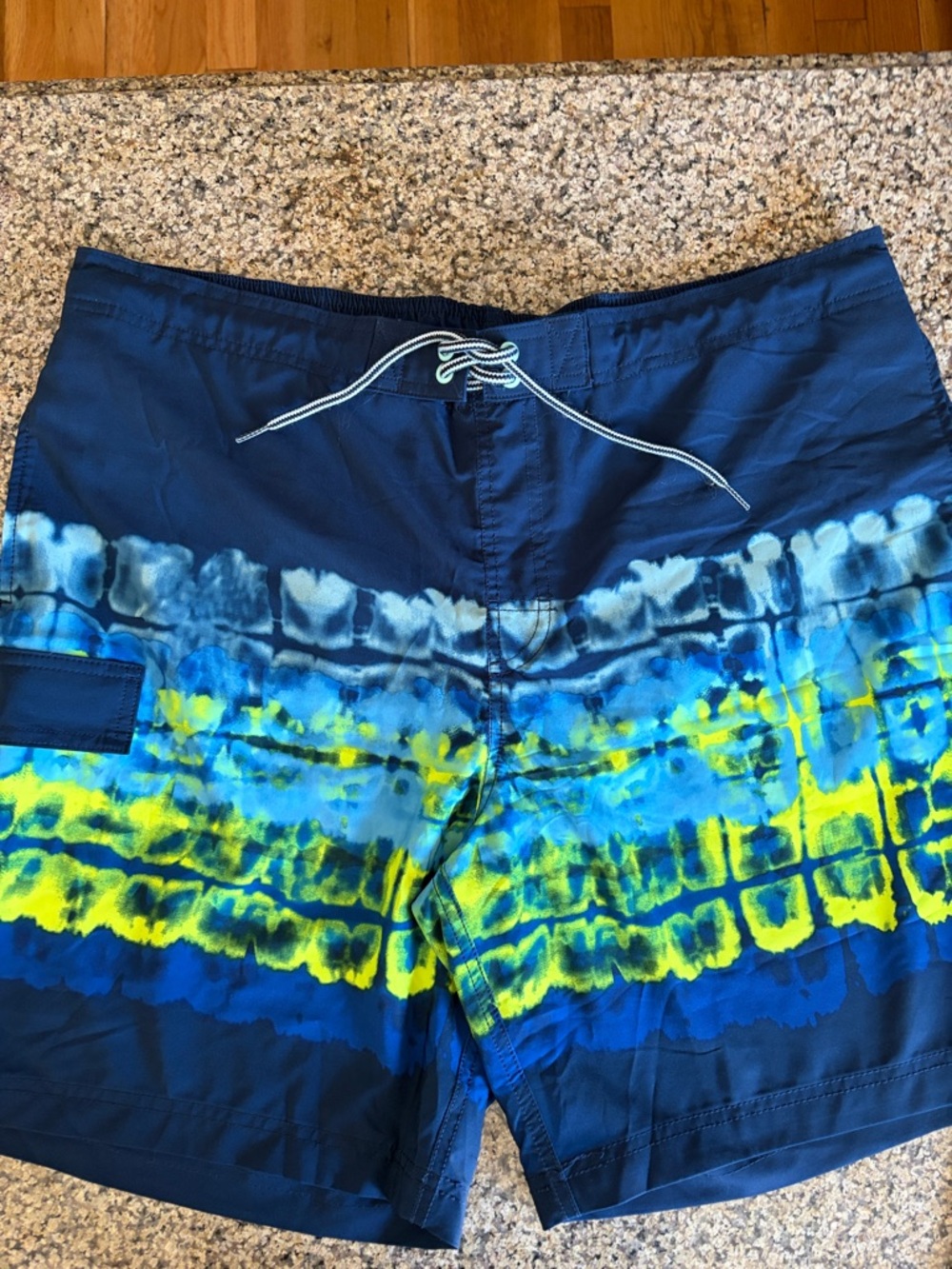 Men’s Navy Blue Tie-Dye Swim Shorts with Yellow & Light Blue Accent